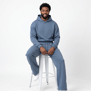 Ensemble survêtement décontracté bleu pour homme : sweat à capuche et pantalon de survêtement couleur unie, coupe droite, avec cordon de serrage et poches, longueur intégrale - Product Image 2