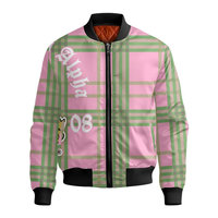 Blouson bomber rose à carreaux avec imprimé Alpha 08, fermeture éclair sur le devant, blouson bomber décontracté pour homme en polyester, style universitaire grec