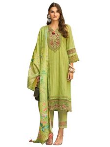 Women's Straight <b>Linen</b> Floral Embroidered Kurta Pant with Dupatta Set - Product Image 1
