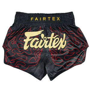 Shorts de boxe Muay Thai pour hommes Fair Tex, motif flamme noire et rouge, en satin, taille élastique, design sportif, respirant, vente en gros RTS - Product Image 5