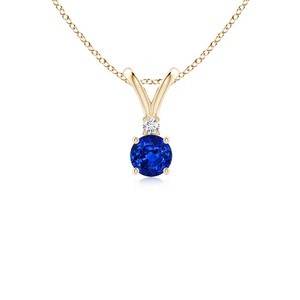 จี้เพชรและไพลินสีน้ำเงินธรรมชาติคุณภาพสูง ทอง 14K พร้อมเพชรสองเม็ด จี้ทอง 18K รูปตัววี รับรองโดย IGI พร้อมสร้อยคอ - Product Image 1