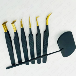 Juego de 7 Pinzas para Pestañas Negras y Doradas y Espejo para Pestañas, Herramientas de Precisión con Punta de Fibra de Acero Inoxidable, Kit de Marca Privada OEM - Product Image 2