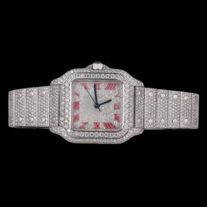 นาฬิกาผู้ชายหน้าปัดตัวเลขสีแดงตัดเพชรโมอิสเพชรสีดำสีขาวน้ำแข็งสแตนเลสหน้าปัดกระจกหน้าต่างสำหรับผู้ชาย - Product Image 1