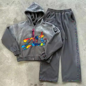 Survêtement streetwear imprimé DTG délavé à l'acide avec fermeture éclair intégrale, pantalon de survêtement et sweats à capuche, ensembles de survêtements brodés 3D pour hommes - Product Image 1