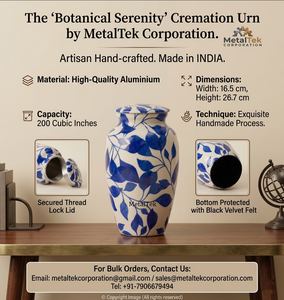 Blue Leaf Cremation Urn Handmade Aluminum Adult Funeral Urns <b>Thread</b> <b>Lock</b> Lid Velvet Base Decorative Memorial Ashes Metal Jars - Product Image 3