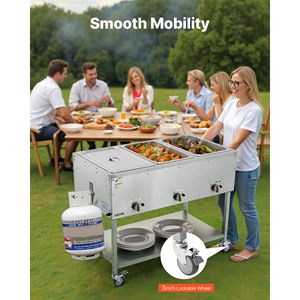 Commercial Propane Steam <b>Table</b> <b>with</b> 3-Pan LP Gas Outdoor Soup Warmer 3\" <b>Wheels</b> Stainless Steel Food Warming & Holding Equipment - Product Image 3
