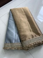 Sari en organza de viscose gris glace beige doré avec bordure en dentelle fantaisie unie, tenue de soirée traditionnelle élégante pour femmes