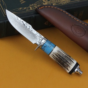 มีดสกินเนอร์เหล็กดามัสกัสแบบสั่งทำพิเศษ ด้ามเขาสัตว์ ใบมีดแบบ Fixed Blade ปลายแหลมตรง พร้อมปลอกหนัง - Product Image 6