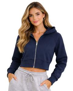 Sudadera con capucha corta para mujer, azul marino, de algodón y forro polar, corte ajustado, estilo casual, ligera, para mujer - Product Image 1