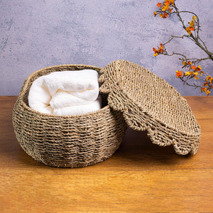 Cestas de Almacenamiento de Estilo Vintage de Mimbre Marino con Tapas, Cajas Organizadoras Tejidas Naturales con Bordes Festoneados, Solución Ecológica - Product Image 1