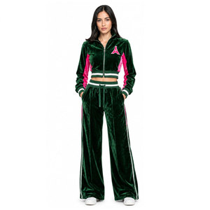 <b>Women's</b> Green <b>Velvet</b> <b>Tracksuit</b> Set Full Sleeve Zipper Front Sporty Loose Fit With Pink Color Blocking Side Pockets Autumn Wear - Product Image 5