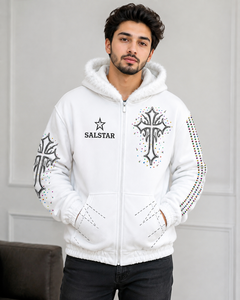 <b>Women's</b> <b>White</b> Hooded <b>Sweatshirt</b> With Cross Print Sequined Sleeves Casual Winter Jacket - Product Image 3