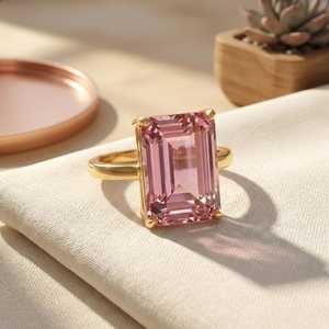 <b>Large</b> Pink Tourmaline <b>Ring</b> Emerald Cut 925 Sterling Silver 14K Gold Plated Statement October Birthstone Gift - Product Image 2
