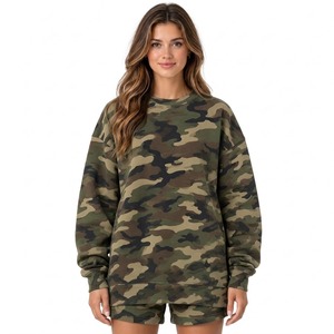 Oversized Crew Neck <b>Sweatshirt</b> And Matching <b>Shorts</b> Camouflage Print Drop-Shoulder Long <b>Sleeve</b> Autumn Knitted Breathable Style - Product Image 2