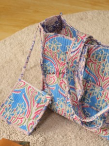 OEM Assorted Blue Heart Quilted Cotton Tote <b>Bag</b> with Pouch - Eco-Friendly <b>Boho</b> Reusable Shopper <b>Bag</b> - Product Image 4
