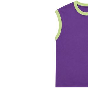 Camiseta sin Mangas Morada con Ribete Verde Claro para Mujer, Chaleco Casual de Verano de Algodón, Cuello Redondo, Estilo OEM Personalizado - Product Image 3