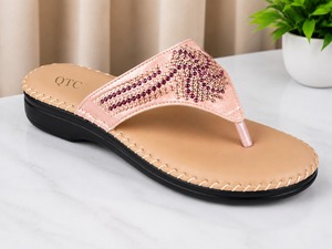 Sandales compensées roses à strass, mules ouvertes à enfiler, claquettes plates rembourrées pour le quotidien et l'extérieur - Product Image 2