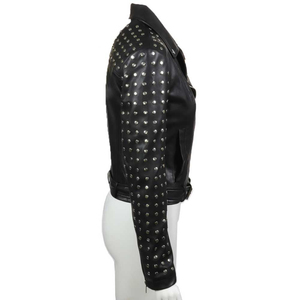 Women Studded Leather <b>Jacket</b> Black Biker Motorcycle <b>Punk</b> Style Genuine Leather OEM Custom Wholesale Supplier Women Stud Leather - Product Image 3