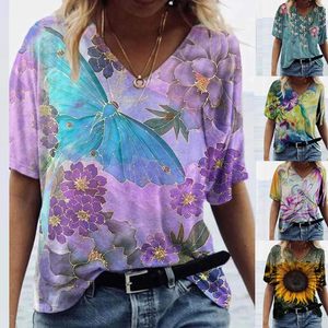 Camiseta de algodón de manga corta estilo casual retro para mujer, ajustada, con estampado de girasoles, transpirable, de punto, con cuello en V, ideal para el verano. - Product Image 3
