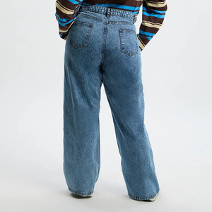 Jeans en denim délavé sur mesure OEM, taille haute, jambe large, grande taille, pour femme, coupe ample, style décontracté, en coton doux, longueur complète - Product Image 2