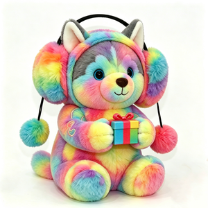 ตุ๊กตาฮัสกี้นุ่มสีรุ้งแบบย้อมสีพิเศษ พร้อมที่ปิดหูแบบปอมปอม ตุ๊กตาฮัสกี้น่ารักนั่งถือกล่องของขวัญ - Product Image 3