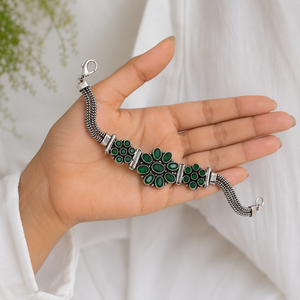 Direct Factory Antique Silver Plated Brass Zircon Onyx Bezel Setting Vintage Green Bohemian Statement <b>Beaded</b> Wedding <b>Bracelet</b> - Product Image 3