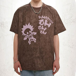 เสื้อยืดโอเวอร์ไซส์สีน้ำตาลลายกรดสำหรับผู้ชาย พิมพ์ลายโครงกระดูกการ์ตูน สไตล์สตรีท แขนสั้น คอกลม ผ้าฝ้าย - Product Image 3