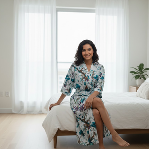 Bata Kimono de Algodón Gris Floral para Mujer, Manga Larga, Ropa de Dormir, Bata de Baño Larga con Cinturón Ajustable - Product Image 5