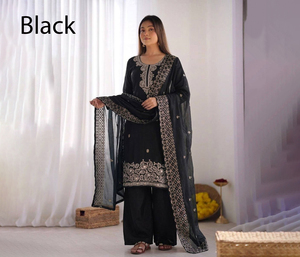 Conjunto de Kurta y Palazzo de Seda Negra PinkCityBlocks, Sin Arrugas, para Mujer, Tradicional, Corte Regular, Largo Midi, Formal, para Diwali, Bodas - Product Image 1