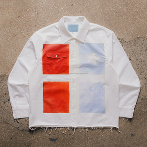 Men's Long Sleeve Oxford <b>Shirt</b> White Red Blue <b>Patchwork</b> Contrast Trim Street Style Regular Fit 100% Cotton - Product Image 1