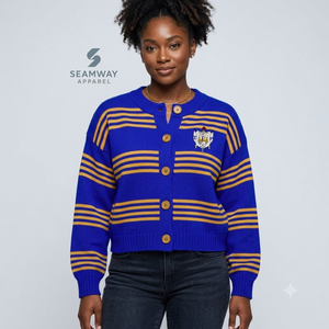 Cardigan en tricot rayé pour femmes de la sororité Sigma Gamma Rho, boutonné, manches longues, col rond, bleu et or brodé, pull décontracté - Product Image 5