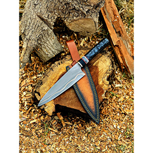 Cuchillo de Carne Forjado de Alta Calidad con Hoja de Acero de Damasco y Cobre, Cuchillo Vikingo para Rebanar con Mango de Resina para Cocina al Aire Libre - Product Image 1