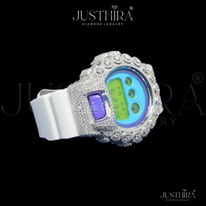 Reloj digital único de estilo hip hop con bisel plateado, correa blanca, esfera colorida y piedras brillantes. Reloj de pulsera unisex. - Product Image 3