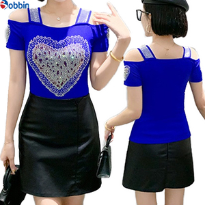 Camiseta de mujer con diamantes y corazón grande, cuello cuadrado, brillante, con pedrería, de doble capa, transpirable, de malla, para chicas. - Product Image 1