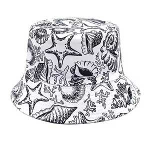 Sombrero de Pescador Unisex, Blanco y Negro, con Estampado de Vida Marina, Lona de Poliéster, Casual, para Playa, Primavera, Verano, Adultos - Product Image 1