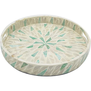 Bandeja de servir redonda ecológica con incrustaciones de nácar, bandeja decorativa de lujo con mosaico de nácar y asas para mesa de centro o otomana. - Product Image 3