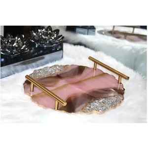 Bandeja de resina epoxi y madera con asas metálicas para té, café, desayuno y regalos, utensilios de cocina modernos para mesa. - Product Image 3