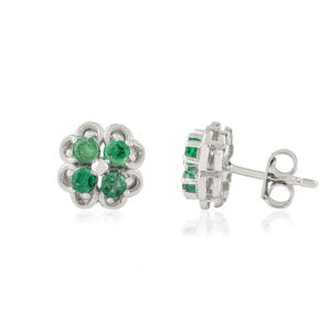 Pendientes de Plata de Ley 925 con Cierre a Presión, Hermosos y Delicados, con Esmeralda en Forma de Flor, en Oferta - Product Image 3