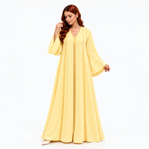 Abaya évasée jaune à bordure dentelle, robe musulmane modeste à manches longues, coupe ample, style Dubaï, pour femme, pour l'Aïd, mariage, Ramadan, usage quotidien islamique - Product Image 3