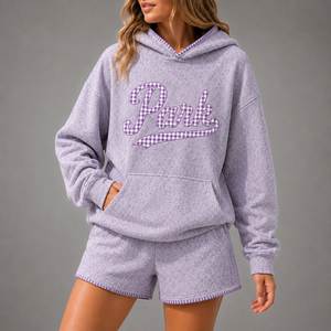 Nouvel ensemble sweat à capuche et short en polaire pour femme avec imprimé Park, délavé, coupe décontractée, 2 pièces, tenue de survêtement automne-hiver - Product Image 2