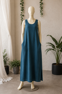 Vestido Maxi Boho sin Mangas de Lino/Algodón, Silueta en A, Cuello Redondo, Diseño Vintage Ecológico, Ropa de Oficina para Todas las Temporadas - Product Image 2