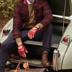 Gants mi-doigts en cuir de mouton rouge, respirants, avec sangle de poignet réglable, pour la conduite et le cyclisme, design léger et respirant - Product Image 6