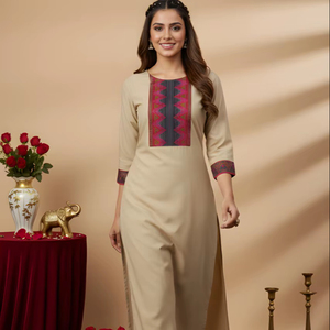Conjunto de Kurta y Pantalón Recto de Algodón Grueso Crema con Dupatta, Cuello Redondo, Largo hasta la Pantorrilla, Traje Étnico Festivo para Mujer, Tallas M, L, XL - Product Image 1