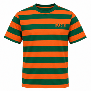 T-shirt rayé orange et vert personnalisé de l'Université FAMU de Floride, vente en gros, coton, tee-shirt universitaire, fabricant OEM - Product Image 1
