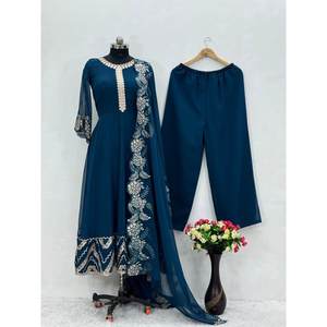 DISEÑADOR GEORGETTE CHINE STITCH TRABAJO VESTIDO PALAZZO CON DUPATTA AZUL - Product Image 1