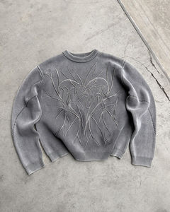 Pull jacquard vintage bleu de qualité supérieure en maille, motif abstrait, streetwear d'hiver, coton épais, coupe ajustée, vente en gros - Product Image 2