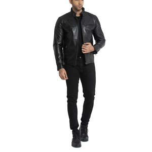 Veste en cuir véritable pour homme, style moto, coupe ajustée, noire, fermeture éclair, col montant, style motard classique - Product Image 2