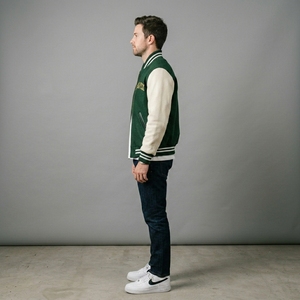 Chaqueta de Lana Verde para Hombre con Mangas Crema, Cuello y Puños de Punto Acanalado, Cierre Frontal Completo, Estilo Casual Urbano Premium, Chaqueta Personalizada de Dos Tonos a la Moda - Product Image 3