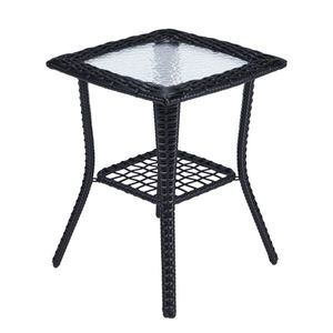 Black Outdoor Wicker Side Table with Glass Top Rattan End Table for Patio Coffee Bistro Table for Indoor Garden Porch Balcony - Product Image 5