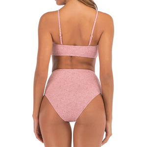Conjunto de bikini texturizado floral rosa para mujer, top tipo bandeau, pantalones de cintura alta, traje de baño elástico de 2 piezas - Product Image 3